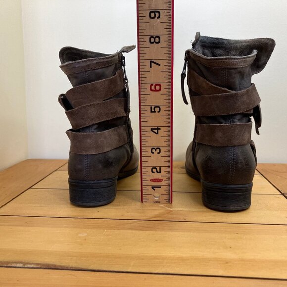 Miz Mooz Savvy Leather Ankle Boots Moto Harness Buckle Strap Brown/Grey - Picture 4 of 7